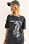 Women's Anthracite Leopard Printed Washable T-Shirt Tsh-19000898