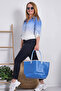 Women's Blue Buttoned Shirt Collar Gradient Foldable Sleeves Loose Linen Shirt Blouse Tunic - 2