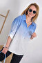 Women's Blue Buttoned Shirt Collar Gradient Foldable Sleeves Loose Linen Shirt Blouse Tunic