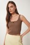 Crop Corded Knitwear Blouse with Gold Accessories Brown Lki0028 - 2