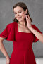 Women's Flounced Sleeves Flexible Scuba Crepe Fabric Square Collar Midi Length Red Dress 082 - 2