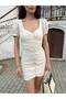 Women's Beige Buttoned Gathered Linen Mini Dress - 2