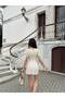 Women's Beige Buttoned Gathered Linen Mini Dress - 3