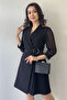 Women's Silver Buckle Long Sleeve Pleated Jacket Dress Black, Navy Blue
