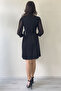 Women's Silver Buckle Long Sleeve Pleated Jacket Dress Black, Navy Blue - 4