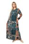 Blue Ethnic Patterned Viscose Mother Plus Size Women's Dress - 4