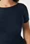 Women's Velvet Boat Neck Lux Touch Soft Texture Short Sleeve Navy Blue Blouse - 2