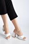 Large Size Women's Heeled Slippers White Patent Leather with Thin Band - 2