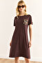 Women's Brown Leopard Garnished Crew Neck Dress Elb-19002396
