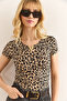 Women Leopard Beige V Metal Detailed Flexible Cotton Blouse Blz-19002921