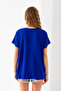 Women's Cobalt Blue Collar Laser Cut Stone Detailed Viscose Combed Cotton Blouse - 5