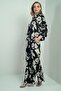 Women's Floral Print Long Sleeve Shirt Elastic Waist Lace up Two Piece Set - 2