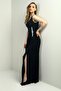 Women's Double Breasted Collar Thick Stone Detailed Front Stones Shirred Slit Long Evening Dress - 2