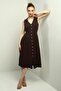 Women's Polo Neck Front Pleat Button Detailed Midi Linen Dress