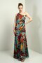 Women's One Shoulder Side Window Print Long Crepe Satin Dress