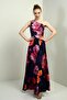 Women's One Shoulder Side Window Large Flower Print Long Crepe Satin Dress - 3