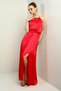 Women's Rope Strap Halter Neck Waist Belted Front Slit Ribbed Satin Long Dress