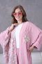 Women's Tulle Flower Embroidered Stone Detailed Kimono and Trouser Top Set - 5