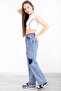 Blue Elastic Waist Wide Leg Heart Patterned Girls' Jeans Pants 20406 - 3