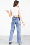 Blue Elastic Waist Wide Leg Heart Patterned Girls' Jeans Pants 20406 - 6