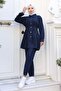 Shirred Waist Denim Suit Navy Blue 4079