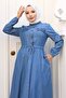 Denim Dress with Stone Detailed Pockets Navy Blue 6768 - 2