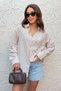 Women Shirt Loose Fit Boyfriend Beige Thick Striped Shirt Single Pocket Long Sleeve - 3