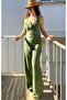 Women's Khaki Summer Wrap Fabric Degaje Collar Bottom Top Set - Strap Blouse & Wide Leg Pants - 4