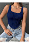 Striped Square Neck Sleeveless Lycra Summer Navy Blue Crop,Square Neck Stretchy Fabric Navy Blue Blouse Summer Top - 2