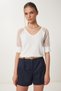 Women's Ecru Balloon Sleeve Tulle Knitted Blouse En00637 - 2