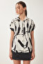 Women's Black Bone Patterned Short Sleeve Viscose Shirt En00640 - 3