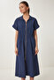 Women's Navy Blue Zippered Midi Poplin Dress Ub00375 - 3