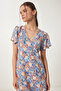 Women's Blue Cream Floral Patterned Summer Viscose Dress Ub00382 - 6