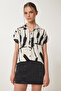Women's Black Bone Patterned Short Sleeve Viscose Shirt En00640
