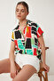 Women's Black Green Patterned Short Sleeve Viscose Shirt En00640