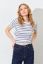 Women's White-Black (25512) Crew Neck Striped Short Sleeve Full Lycra Ribbed T-Shirt - 4