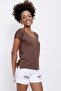 Women's Brown V-Neck Wide Casual T-Shirt - 3