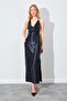 Women's Black Satin Long Dress with Flounce Collar - 3