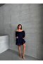 Women's Navy Blue Gimped Skirt Layered Lined Chiffon Dress - 5