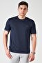 Men's Navy Blue Crew Neck Sleeve Collar Striped Kagi Fabric T-Shirt