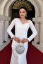 Sequin Sequin Fabric Design Dress with Shirring Detail - White - 3