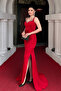 Jersey Fabric Stone Detailed Evening Dress - Red - 2