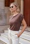 Women's Modal Combed Cotton Wide Crew Neck Off Shoulder Epaulette Short Sleeve T-Shirt Blouse-Brown - 3