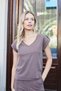 Women's Modal Silky Lycra Fabric V-Neck Double Sleeve Epaulettes Slits on the Sides T-Shirt Blouse-Brown - 4