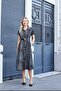 Women's Midi Length Dress with Patterned Collar Low Shoulder Double Sleeve Belt (Leather Belt Included)-Anthracite Leopa - 3