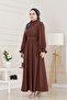 Henna Dress with Flounces and Belted Sleeves-Brown - 3