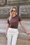 Women's Quality Modal Fabric Crew Neck Button Accessory Short Sleeve T-Shirt Blouse-Brown - 2