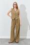 Women's Khaki Elastic Waist Palazzo Linen Trousers
