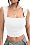 Square Neck Gather Detailed Stretchy Ecru Crop Blouse