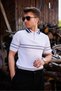 White Color Navy Blue Striped Zipper Detailed Polo Neck Men's Knitwear T-Shirt